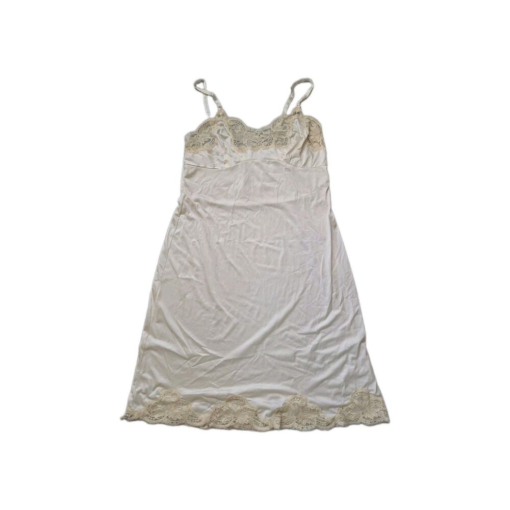 VTG Wonder Maid Non Cling Beige Nylon Full Slip Dress Size 36 Floral Lace GUC